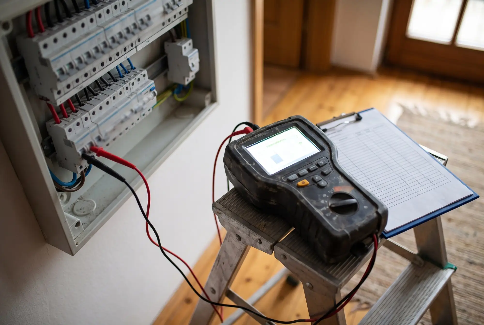 Merilni instrument s preizkusnimi vodniki, priključen na odprto elektro omarico