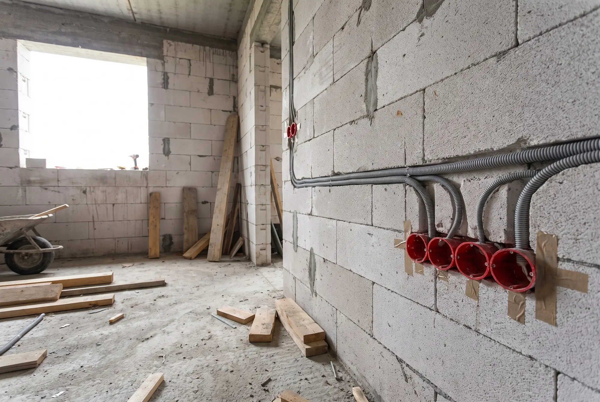 Grobe elektroinštalacije v novogradnji — cevi in podometne dozne v zidu pred ometom