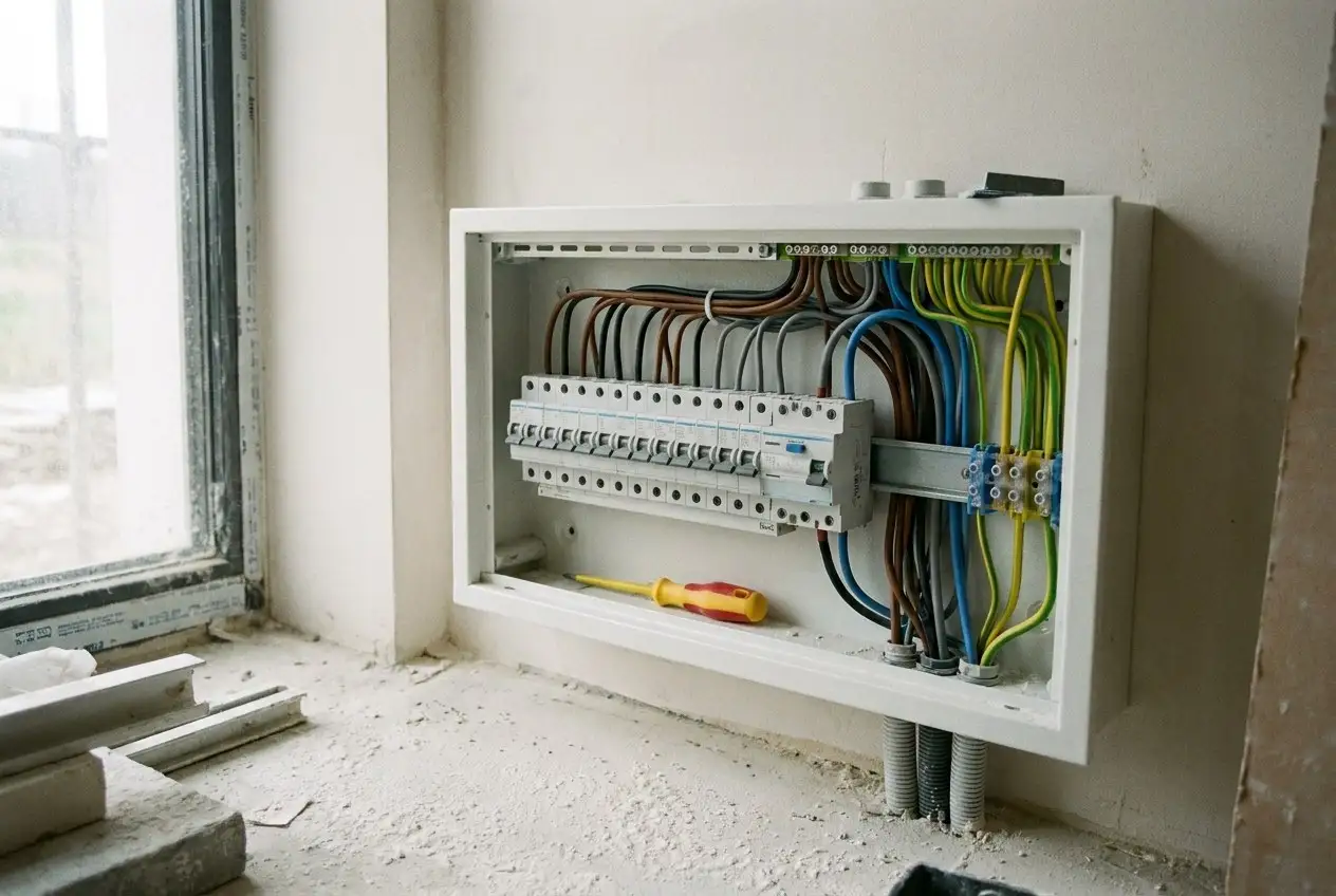 Odprta elektro omarica z razporejenimi vodniki pred zapiranjem