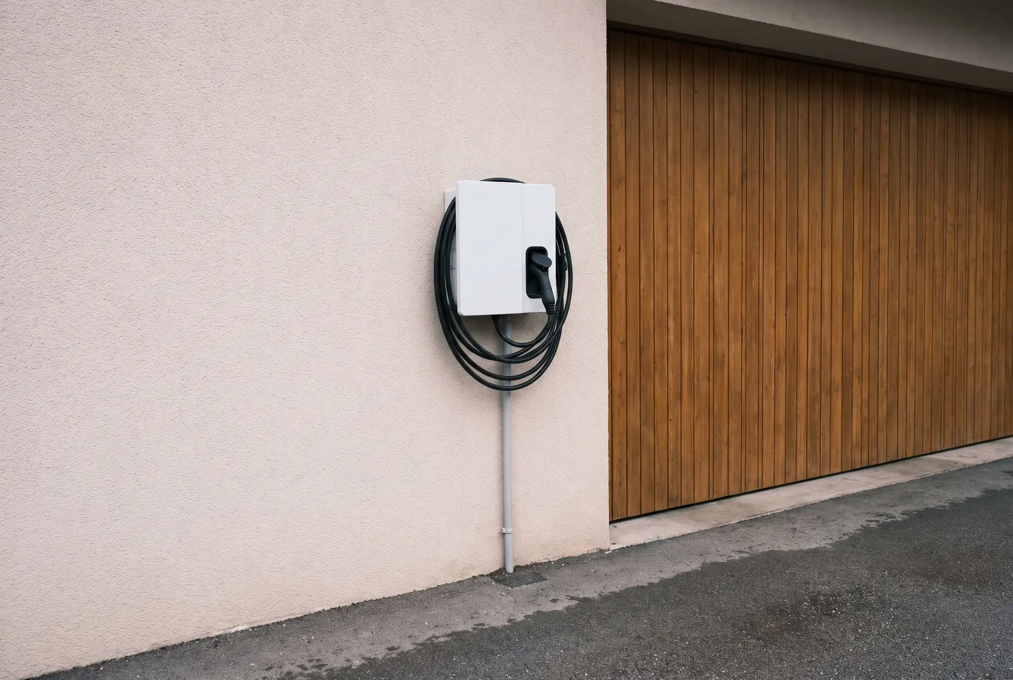 Hišna polnilnica za električno vozilo, nameščena na fasadi ob garažnih vratih